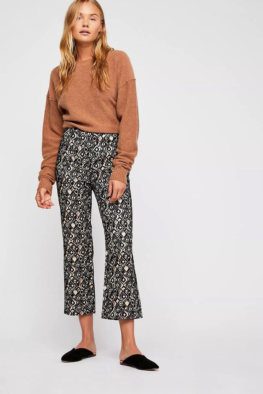 Free People Mod Crop Bootcut Flare Metallic Geometric Print Pants Size 2